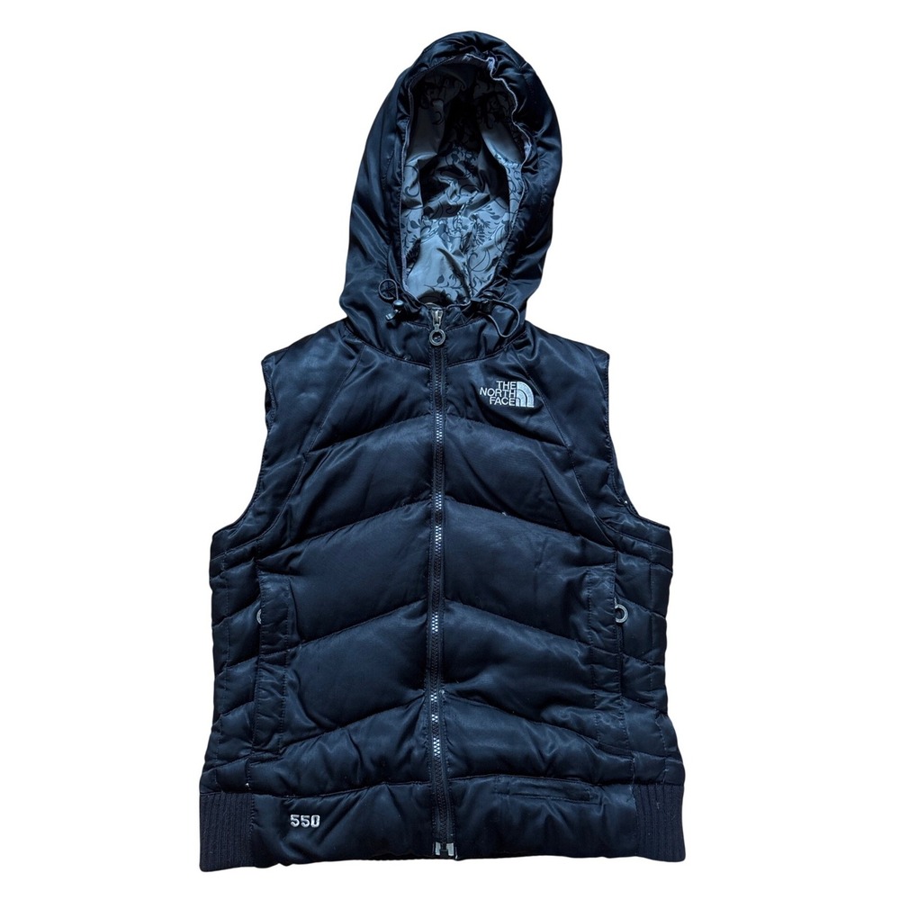 The North Face Puffer Vest Women Black Good 550 Down Hooded Floral SIZE S/P